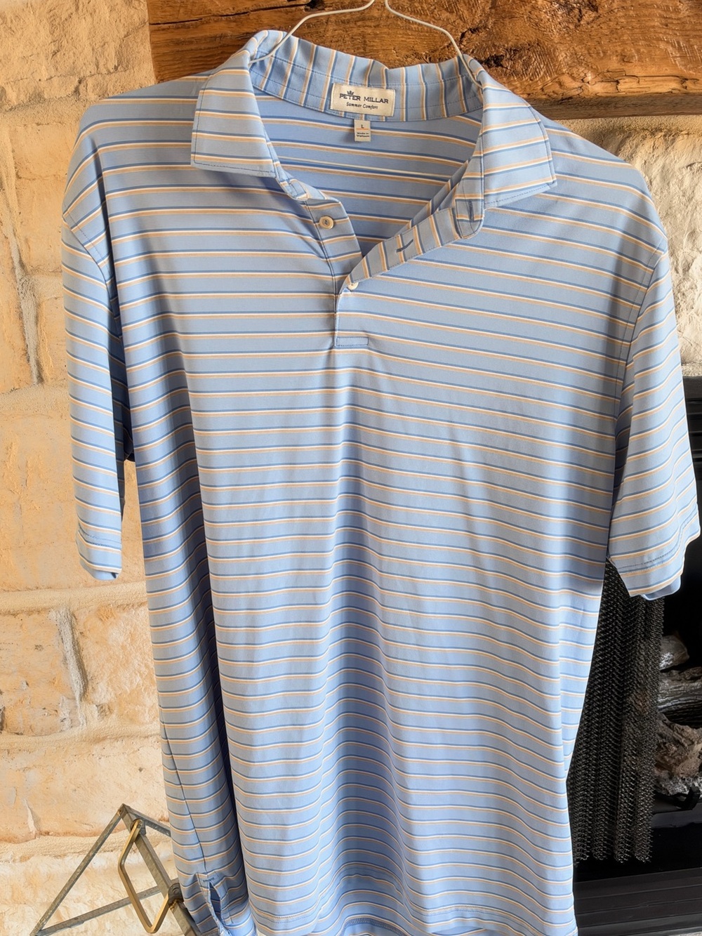 Peter Millar Sky Blue Polo with White and Tan Stripes